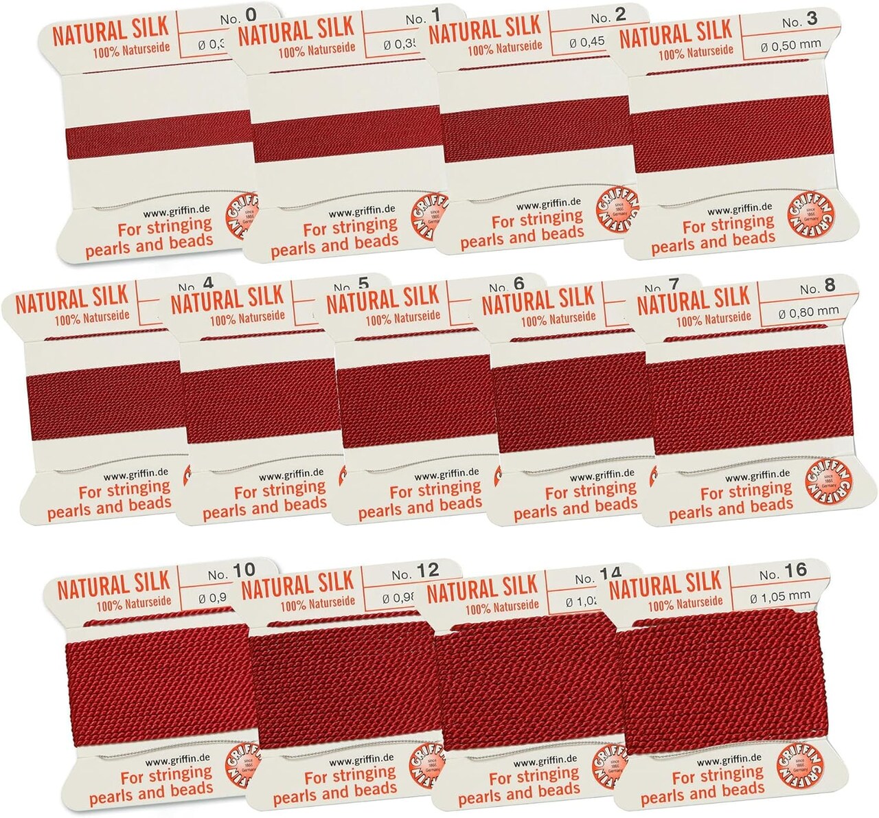 Griffin Silk Bead Cord Perlseide – Size Assortment 0-16 – 2 Meters per Card – Stainless Steel Needle Attached – for Knotting Pearls, Gemstones, Crystals and Beads
